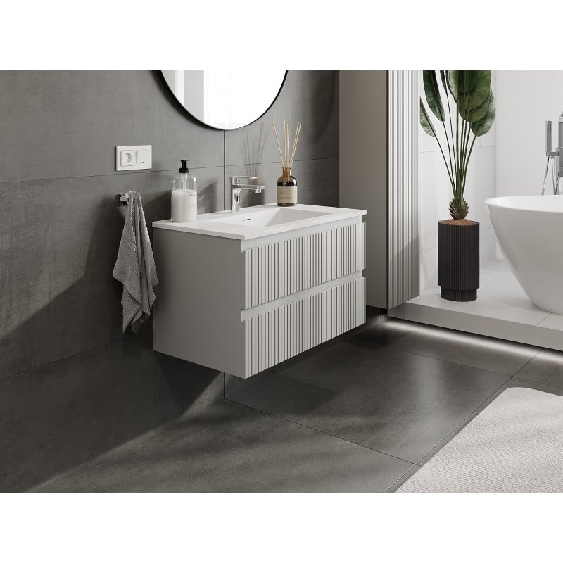 Mexen Rivel bathroom cabinet 80 cm with Otis washbasin, 2 drawers, fluted, grey matte/white matte - 91A20-08047-2-BFF62-W18M01