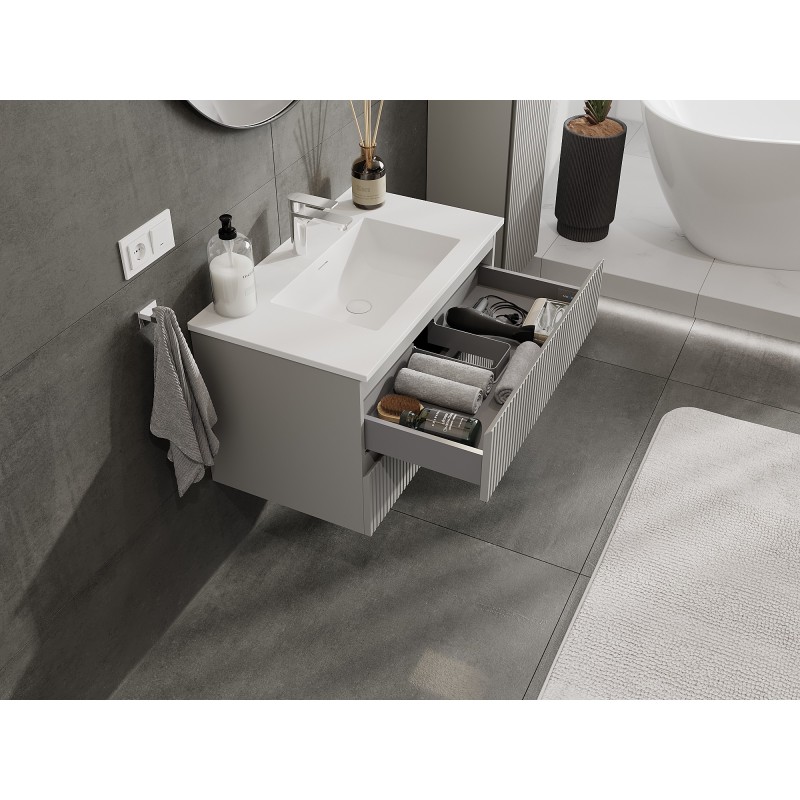 Mexen Rivel bathroom cabinet 80 cm with Otis washbasin, 2 drawers, fluted, grey matte/white matte - 91A20-08047-2-BFF62-W18M01