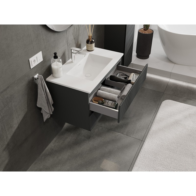 Mexen Rivel bathroom cabinet 80 cm with Otis sink, 2 drawers, grooved, matte graphite/matte white - 91A20-08047-2-BFF66-W18M0