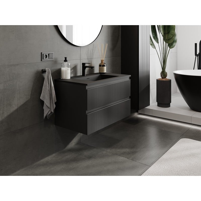 Mexen Rivel 80 cm Bathroom Cabinet with Otis Sink, 2 Drawers, Grooved, Matte Black - 91A20-08047-2-BFF71-W18M71