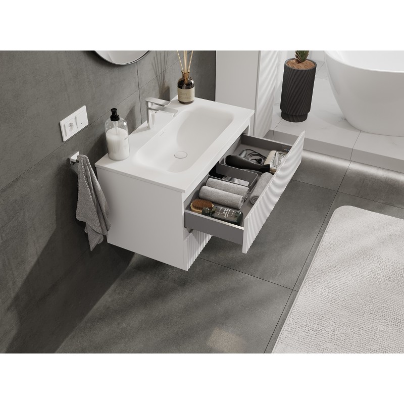 Mexen Rivel bathroom cabinet 80 cm with Vela washbasin, 2 drawers, fluted, white matt - 91A20-08047-2-BFF01-W23M01