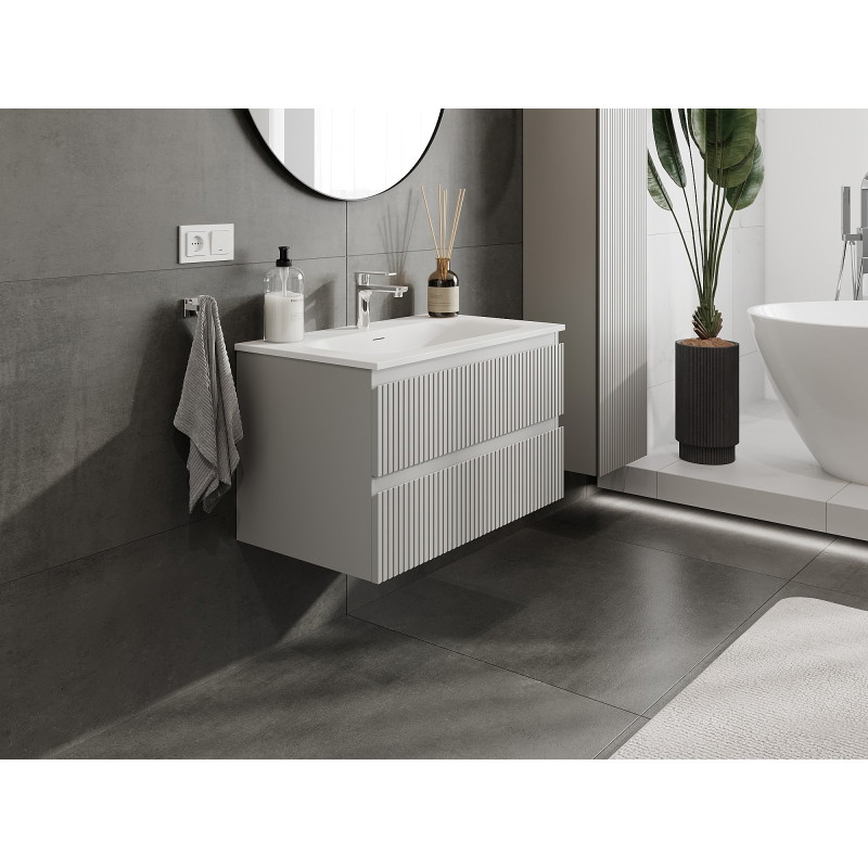 Mexen Rivel bathroom cabinet 80 cm with Vela sink, 2 drawers, grooved, gray matte/white matte - 91A20-08047-2-BFF62-W23M01