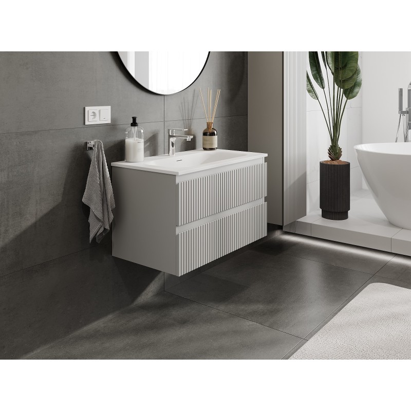 Mexen Rivel bathroom cabinet 80 cm with Vela sink, 2 drawers, grooved, grey matte/white matte - 91A20-08047-2-BFF62-W23M01