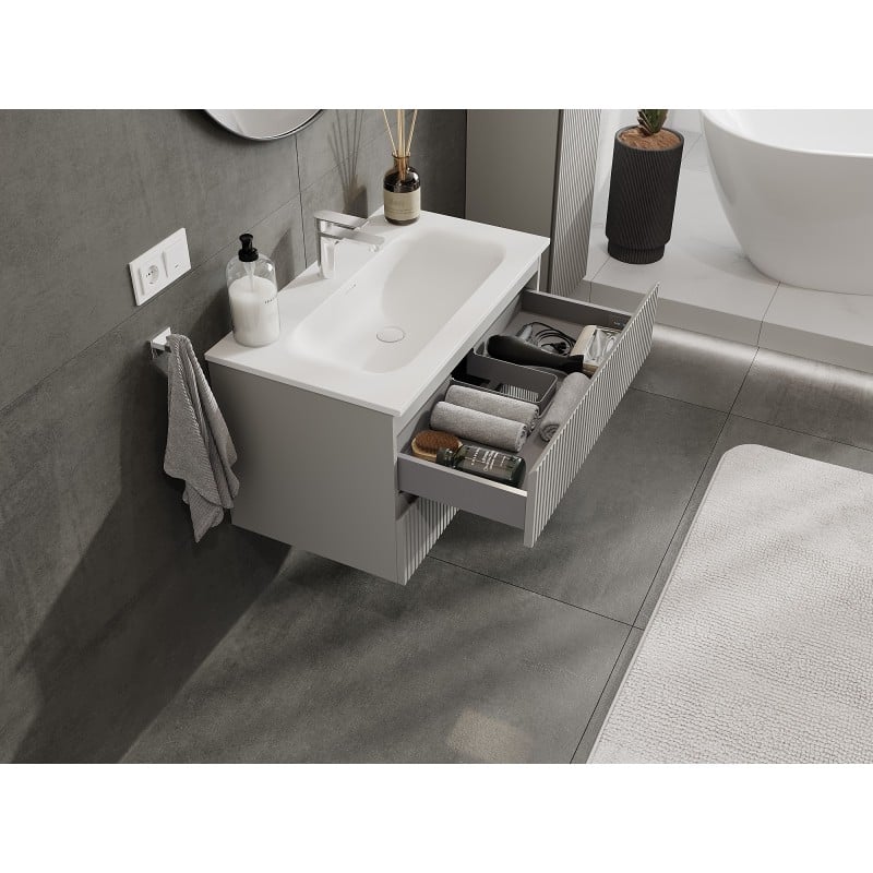 Mexen Rivel bathroom cabinet 80 cm with Vela sink, 2 drawers, grooved, grey matte/white matte - 91A20-08047-2-BFF62-W23M01
