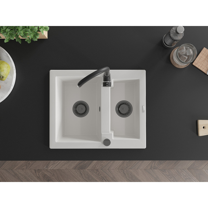 Mexen Carlos 1.5-bowl granite sink 582 x 475 mm, white, black siphon - 6518581500-20-B