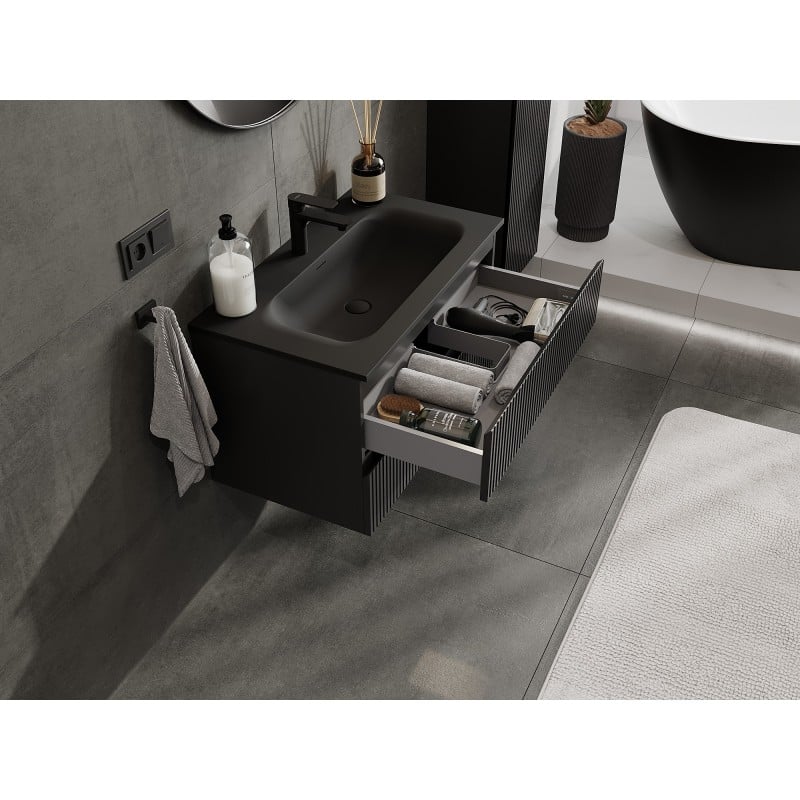 Mexen Rivel bathroom cabinet 80 cm with Vela sink, 2 drawers, grooved, black matt - 91A20-08047-2-BFF71-W23M71