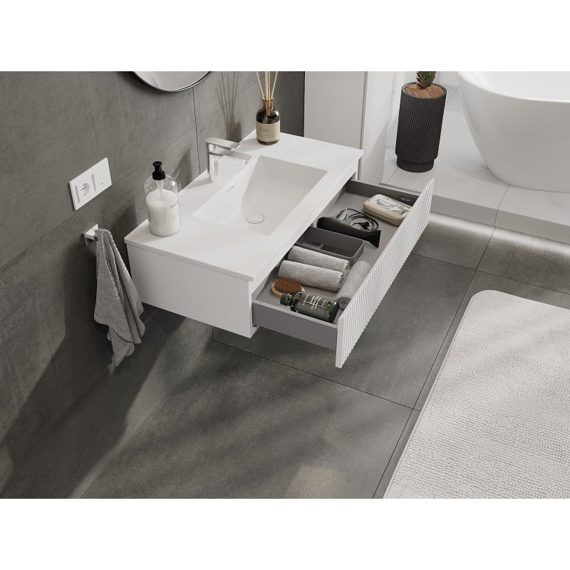 Mexen Rivel 90 cm bathroom cabinet with Otis sink, 1 drawer, grooved, white matt - 91A20-09023-1-BF01-W18M01