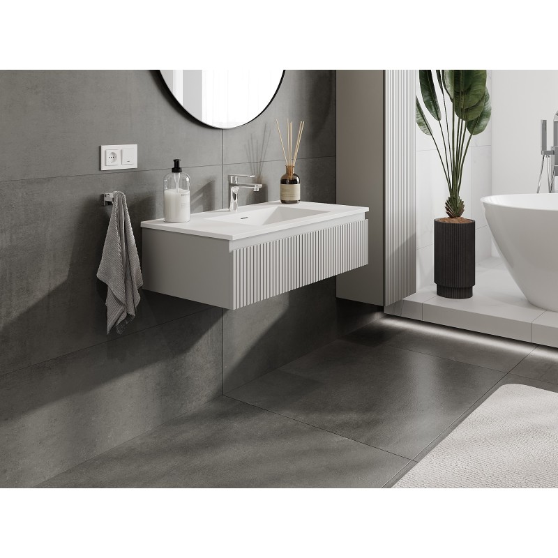 Mexen Rivel Bathroom Cabinet 90 cm with Otis Sink, 1 Drawer, Fluted, Grey Matte/White Matte - 91A20-09023-1-BF62-W18M01