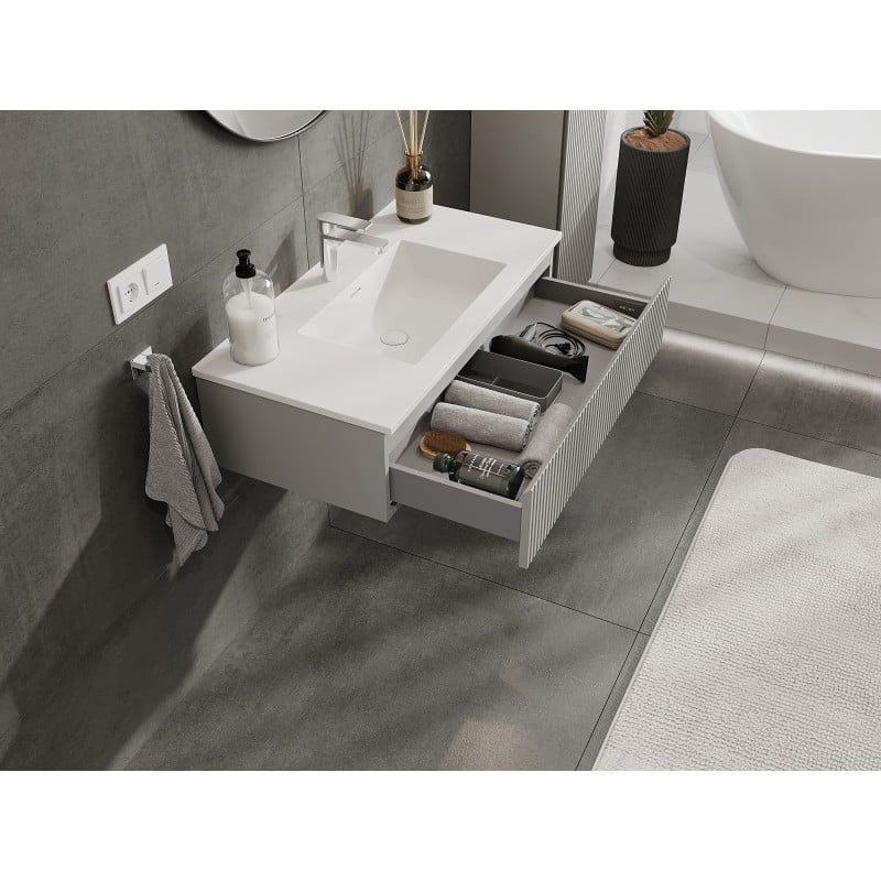 Mexen Rivel Bathroom Cabinet 90 cm with Otis Sink, 1 Drawer, Fluted, Grey Matte/White Matte - 91A20-09023-1-BF62-W18M01