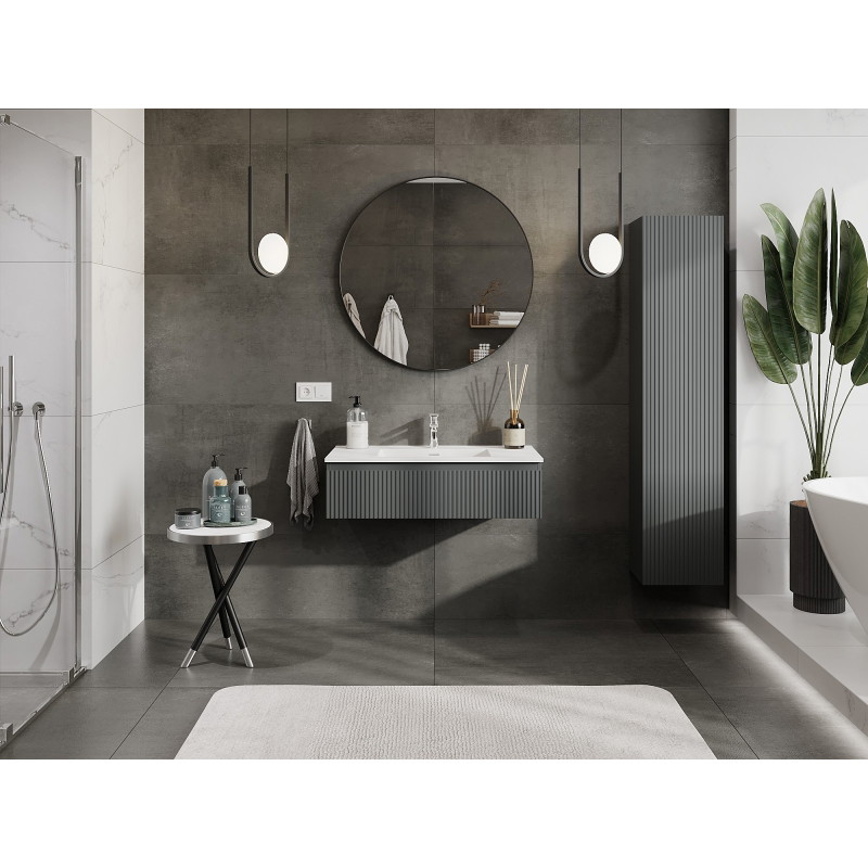 Mexen Rivel 90 cm bathroom cabinet with Otis washbasin, 1 drawer, fluted, matte graphite/white matte - 91A20-09023-1-BF66-W18M01