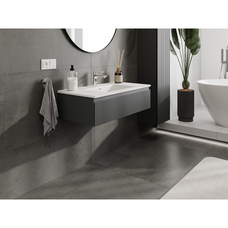 Mexen Rivel 90 cm bathroom cabinet with Otis washbasin, 1 drawer, fluted, matte graphite/white matte - 91A20-09023-1-BF66-W18M01