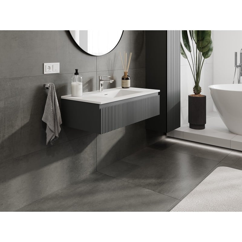 Mexen Rivel bathroom cabinet 90 cm with Otis sink, 1 drawer, grooved, matt graphite/white matte - 91A20-09023-1-BF66-W18M01