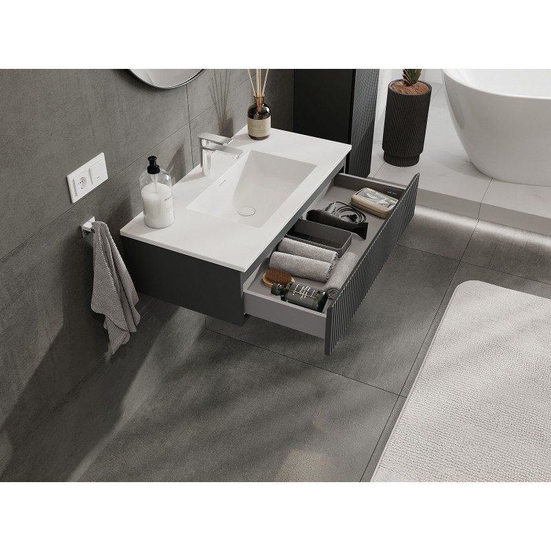 Mexen Rivel 90 cm bathroom cabinet with Otis washbasin, 1 drawer, fluted, matte graphite/white matte - 91A20-09023-1-BF66-W18M01