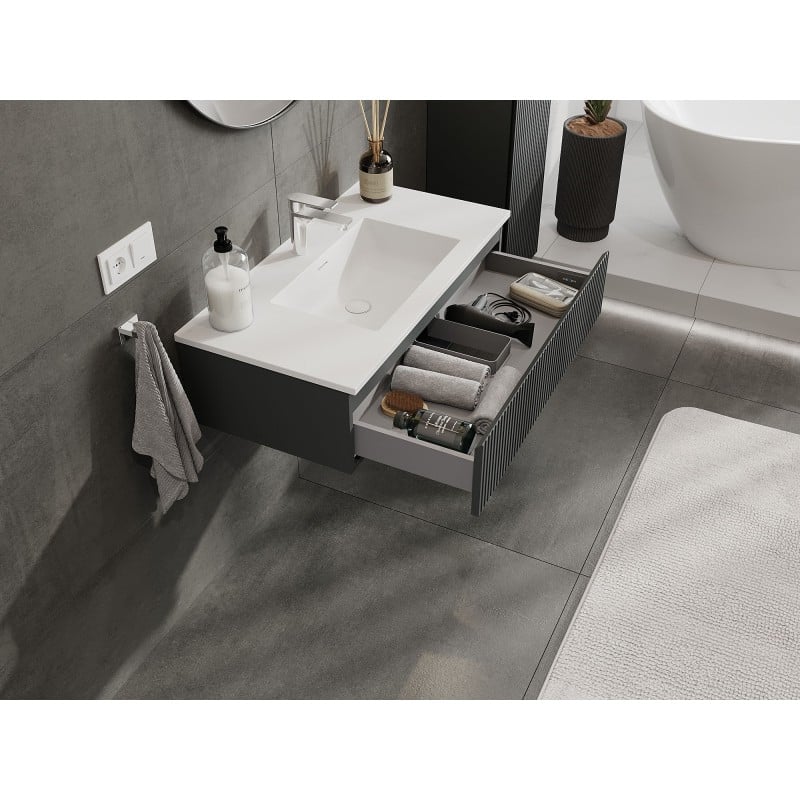Mexen Rivel bathroom cabinet 90 cm with Otis sink, 1 drawer, grooved, matt graphite/white matte - 91A20-09023-1-BF66-W18M01