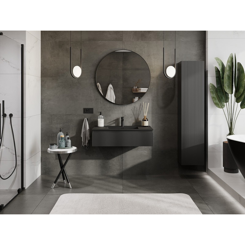 Mexen Rivel 90 cm bathroom cabinet with Otis sink, 1 drawer, grooved, matte black - 91A20-09023-1-BF71-W18M71