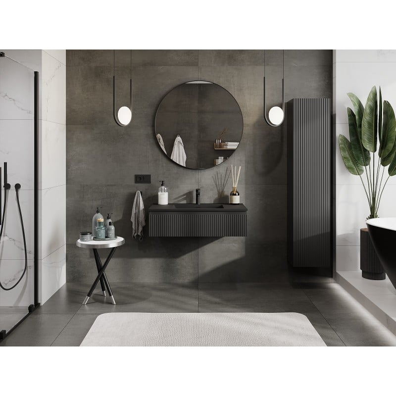 Mexen Rivel bathroom cabinet 90 cm with Otis washbasin, 1 drawer, grooved, black matte - 91A20-09023-1-BF71-W18M71