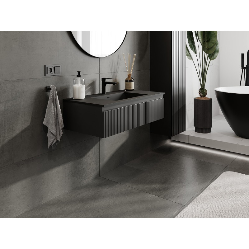 Mexen Rivel 90 cm bathroom cabinet with Otis sink, 1 drawer, grooved, matte black - 91A20-09023-1-BF71-W18M71