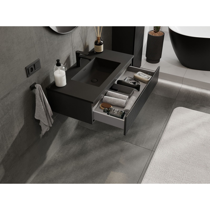 Mexen Rivel 90 cm bathroom cabinet with Otis sink, 1 drawer, grooved, matte black - 91A20-09023-1-BF71-W18M71