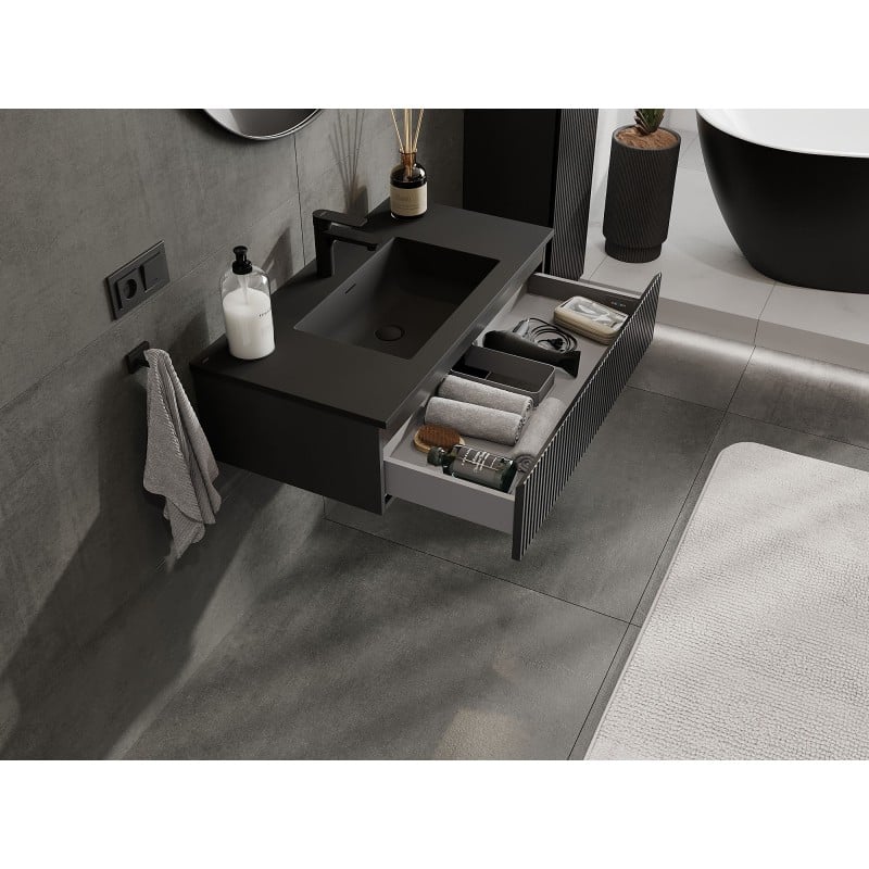 Mexen Rivel bathroom cabinet 90 cm with Otis washbasin, 1 drawer, grooved, black matte - 91A20-09023-1-BF71-W18M71