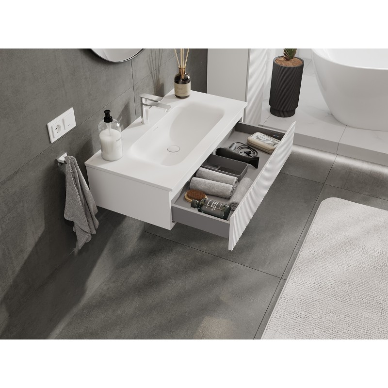 Mexen Rivel bathroom cabinet 90 cm with Vela sink, 1 drawer, grooved, white matte - 91A20-09023-1-BF01-W23M01