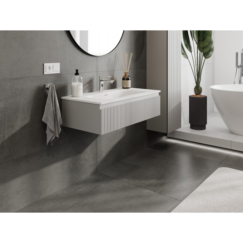 Mexen Rivel 90 cm Bathroom Cabinet with Vela Sink, 1 Drawer, Grooved, Gray Matte/White Matte - 91A20-09023-1-BF62-W23M01