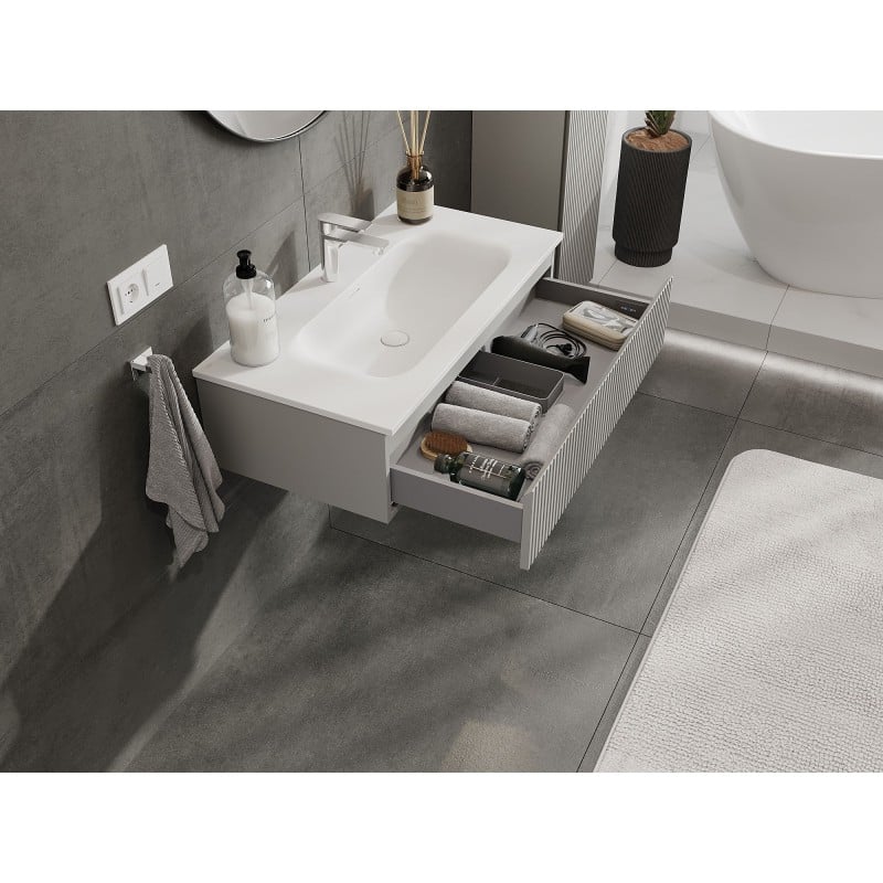 Mexen Rivel 90 cm Bathroom Cabinet with Vela Basin, 1 Drawer, Fluted, Grey Matte/White Matte - 91A20-09023-1-BF62-W23M01