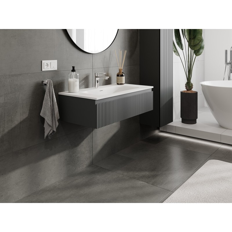 Mexen Rivel bathroom cabinet 90 cm with Vela sink, 1 drawer, fluted, matte graphite/white matte - 91A20-09023-1-BF66-W23M01