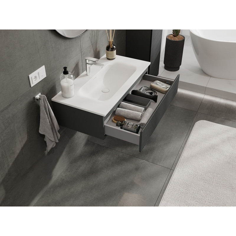 Mexen Rivel 90 cm Bathroom Cabinet with Vela Sink, 1 Drawer, Fluted, Graphite Matte/White Matte - 91A20-09023-1-BF66-W23M01