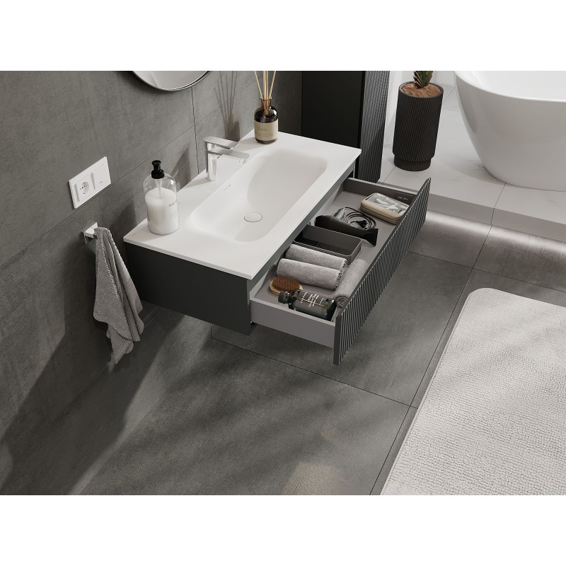 Mexen Rivel bathroom cabinet 90 cm with Vela sink, 1 drawer, fluted, matte graphite/white matte - 91A20-09023-1-BF66-W23M01