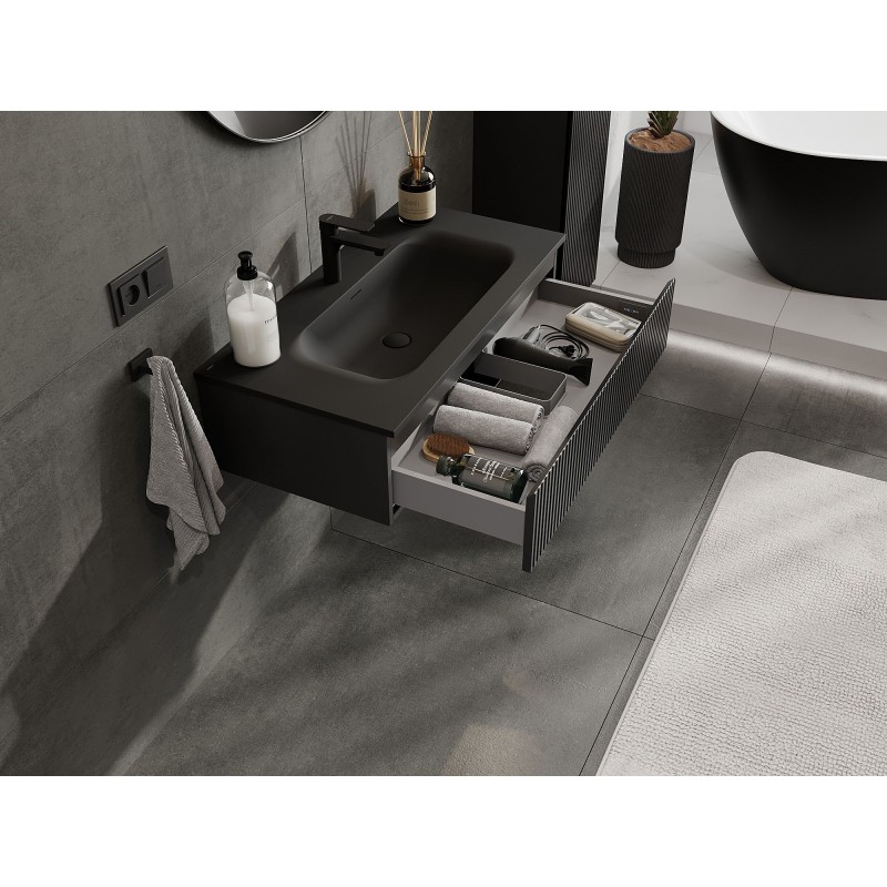 Mexen Rivel 90 cm Bathroom Cabinet with Vela Sink, 1 Drawer, Ribbed, Black Matte - 91A20-09023-1-BF71-W23M71