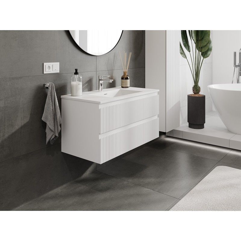 Mexen Rivel bathroom cabinet 90 cm with Otis sink, 2 drawers, grooved, white matte - 91A20-09047-2-BFF01-W18M01