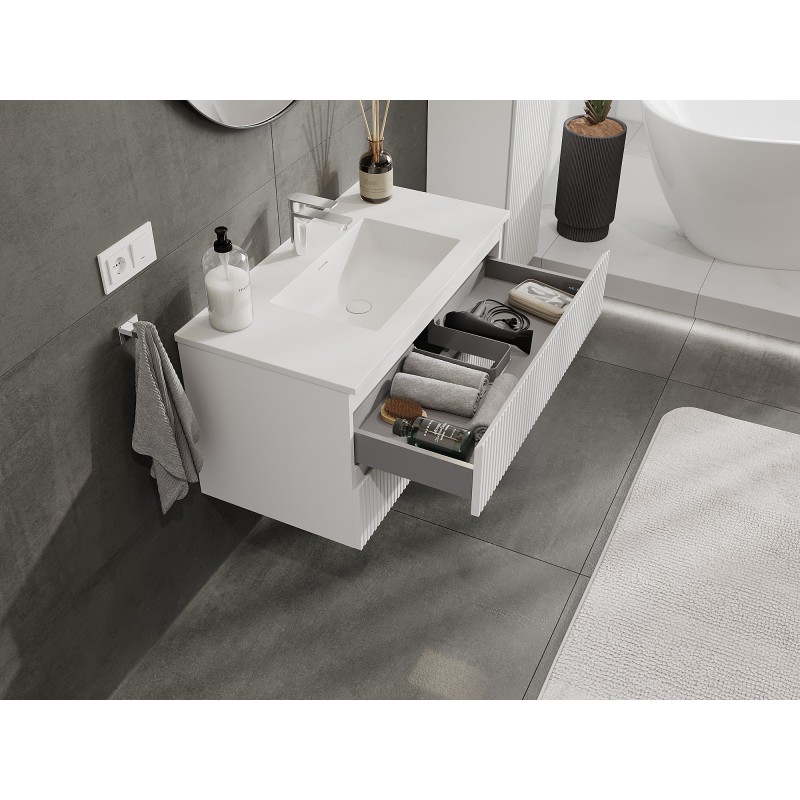 Mexen Rivel bathroom cabinet 90 cm with Otis sink, 2 drawers, grooved, white matte - 91A20-09047-2-BFF01-W18M01