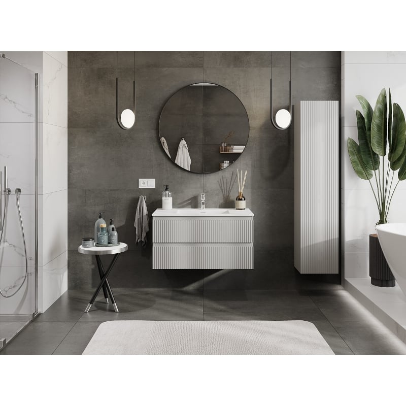 Mexen Rivel 90 cm bathroom cabinet with Otis sink, 2 drawers, grooved, gray matte/white matte - 91A20-09047-2-BFF62-W18M01