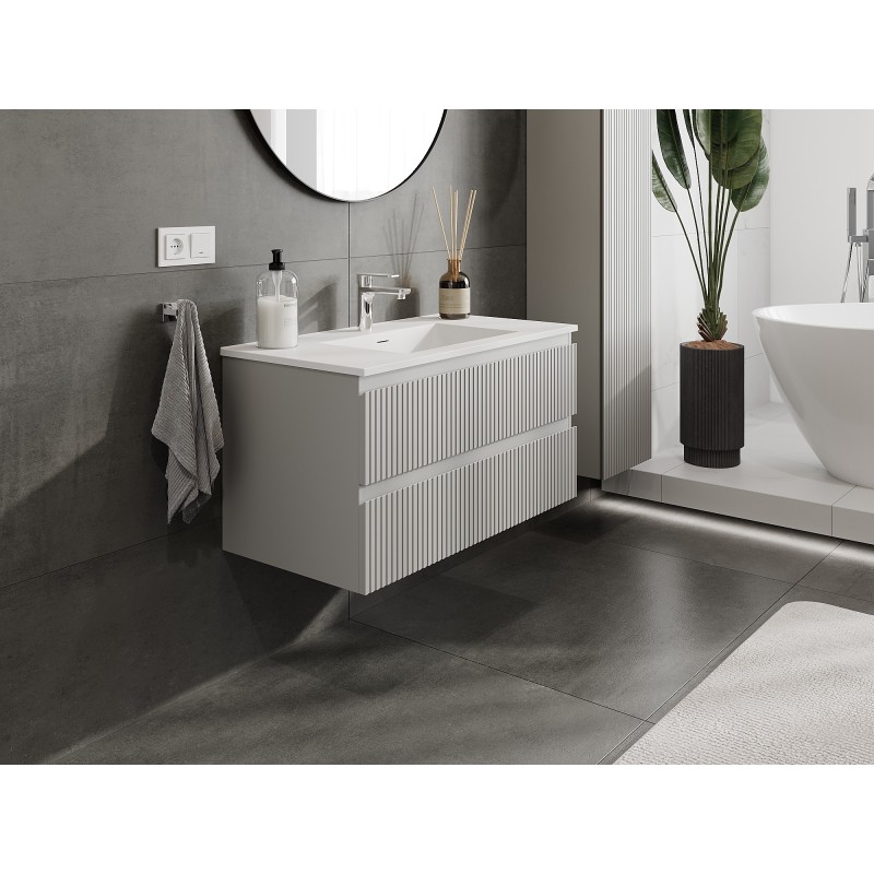 Mexen Rivel bathroom cabinet 90 cm with Otis sink, 2 drawers, fluted, grey matte/white matte - 91A20-09047-2-BFF62-W18M01