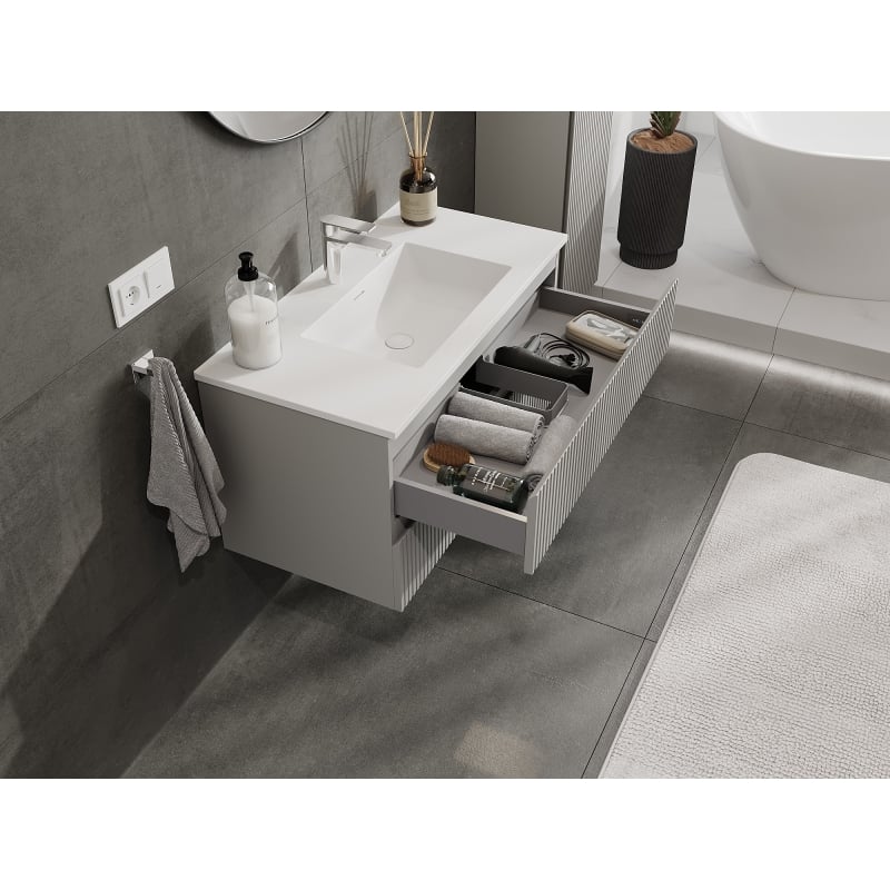 Mexen Rivel 90 cm bathroom cabinet with Otis sink, 2 drawers, grooved, gray matte/white matte - 91A20-09047-2-BFF62-W18M01