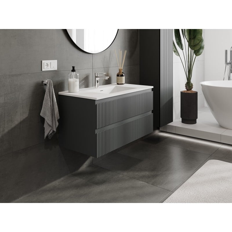 Mexen Rivel bathroom cabinet 90 cm with sink Otis, 2 drawers, fluted, graphite matte/white matte - 91A20-09047-2-BFF66-W18M0