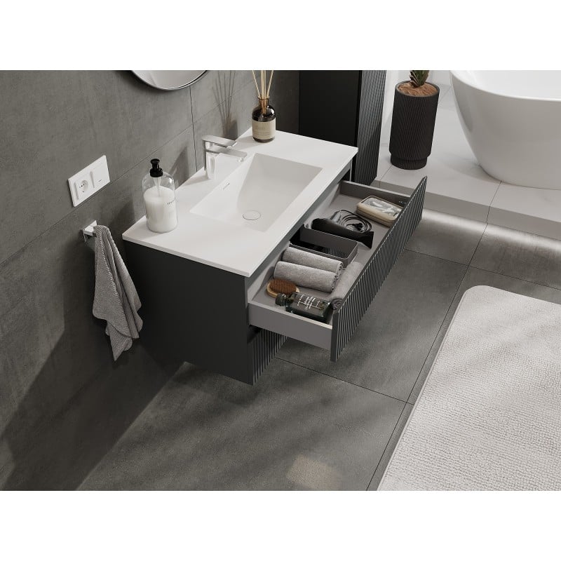 Mexen Rivel bathroom cabinet 90 cm with sink Otis, 2 drawers, fluted, graphite matte/white matte - 91A20-09047-2-BFF66-W18M0
