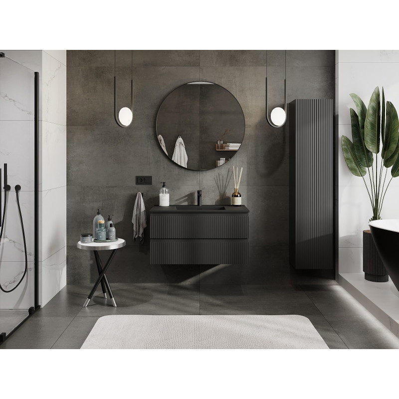 Mexen Rivel 90 cm Bathroom Cabinet with Basin Otis, 2 Drawers, Fluted, Matte Black - 91A20-09047-2-BFF71-W18M71