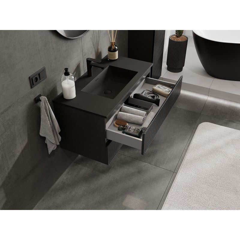 Mexen Rivel 90 cm Bathroom Cabinet with Basin Otis, 2 Drawers, Fluted, Matte Black - 91A20-09047-2-BFF71-W18M71