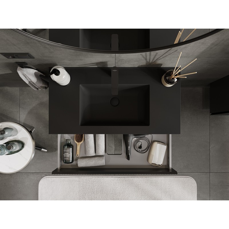 Mexen Rivel bathroom cabinet 90 cm with Otis washbasin, 2 drawers, grooved, black matte - 91A20-09047-2-BFF71-W18M71
