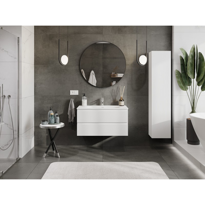 Mexen Rivel bathroom cabinet 90 cm with Vela washbasin, 2 drawers, grooved, white matte - 91A20-09047-2-BFF01-W23M01