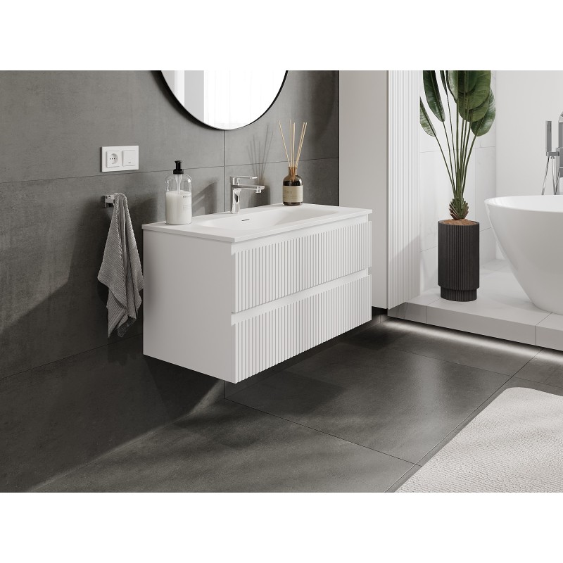 Mexen Rivel bathroom cabinet 90 cm with Vela washbasin, 2 drawers, grooved, white matte - 91A20-09047-2-BFF01-W23M01