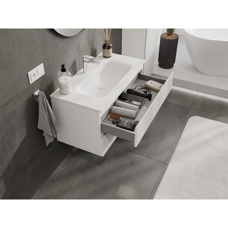 Mexen Rivel bathroom cabinet 90 cm with Vela washbasin, 2 drawers, grooved, white matte - 91A20-09047-2-BFF01-W23M01