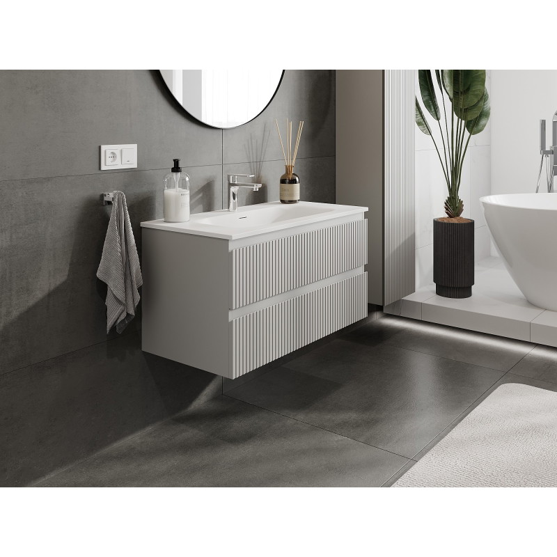 Mexen Rivel 90 cm bathroom cabinet with Vela sink, 2 drawers, fluted, gray matte/white matte - 91A20-09047-2-BFF62-W23M01