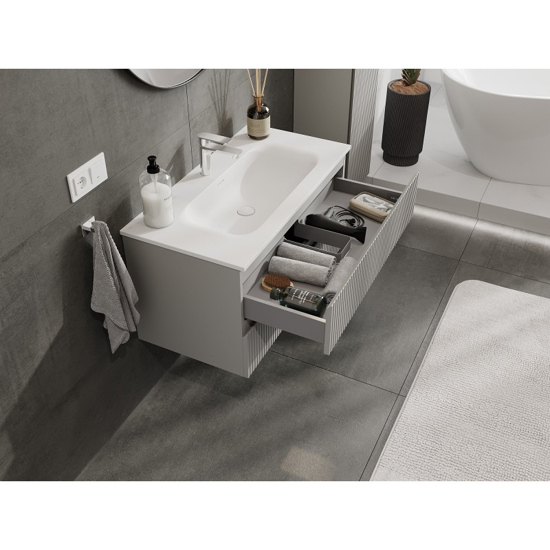 Mexen Rivel 90 cm bathroom cabinet with Vela sink, 2 drawers, fluted, gray matte/white matte - 91A20-09047-2-BFF62-W23M01