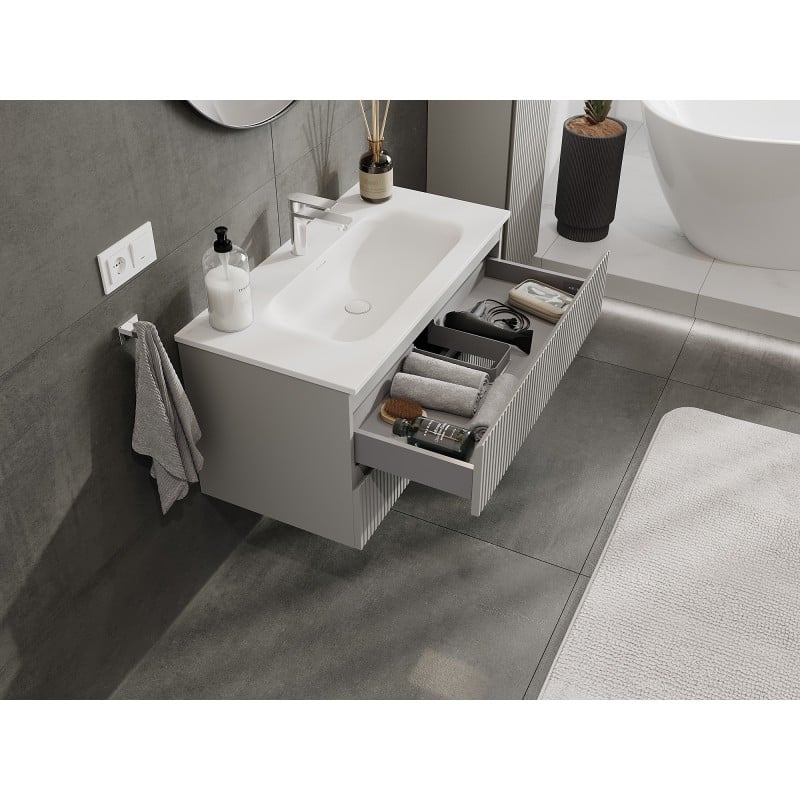 Mexen Rivel bathroom cabinet 90 cm with Vela washbasin, 2 drawers, fluted, grey matte/white matte - 91A20-09047-2-BFF62-W23M01
