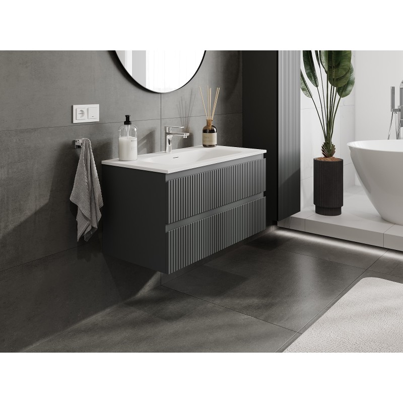 Mexen Rivel bathroom cabinet 90 cm with sink Vela, 2 drawers, fluted, graphite matte/white matte - 91A20-09047-2-BFF66-W23M0