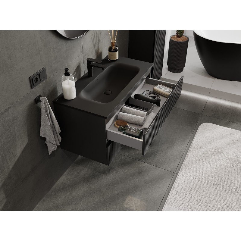 Mexen Rivel bathroom cabinet 90 cm with Vela washbasin, 2 drawers, fluted, matte black - 91A20-09047-2-BFF71-W23M71