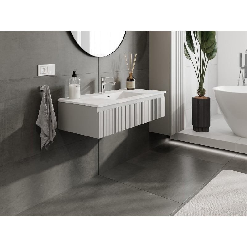 Mexen Rivel 100 cm bathroom cabinet with Otis basin, 1 drawer, fluted, matte gray/white - 91A20-10023-1-BF62-W18M01