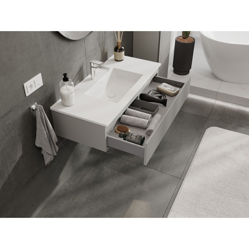 Mexen Rivel 100 cm bathroom cabinet with Otis washbasin, 1 drawer, fluted, grey matt/white matt - 91A20-10023-1-BF62-W18M01